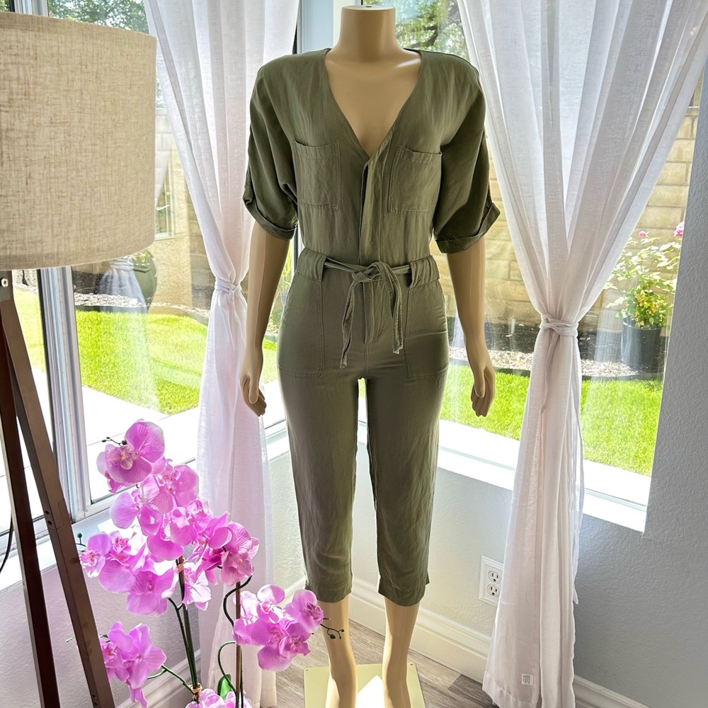 Bardot Green Short Sleeve Belted Linen Jumpsuit Size XS
